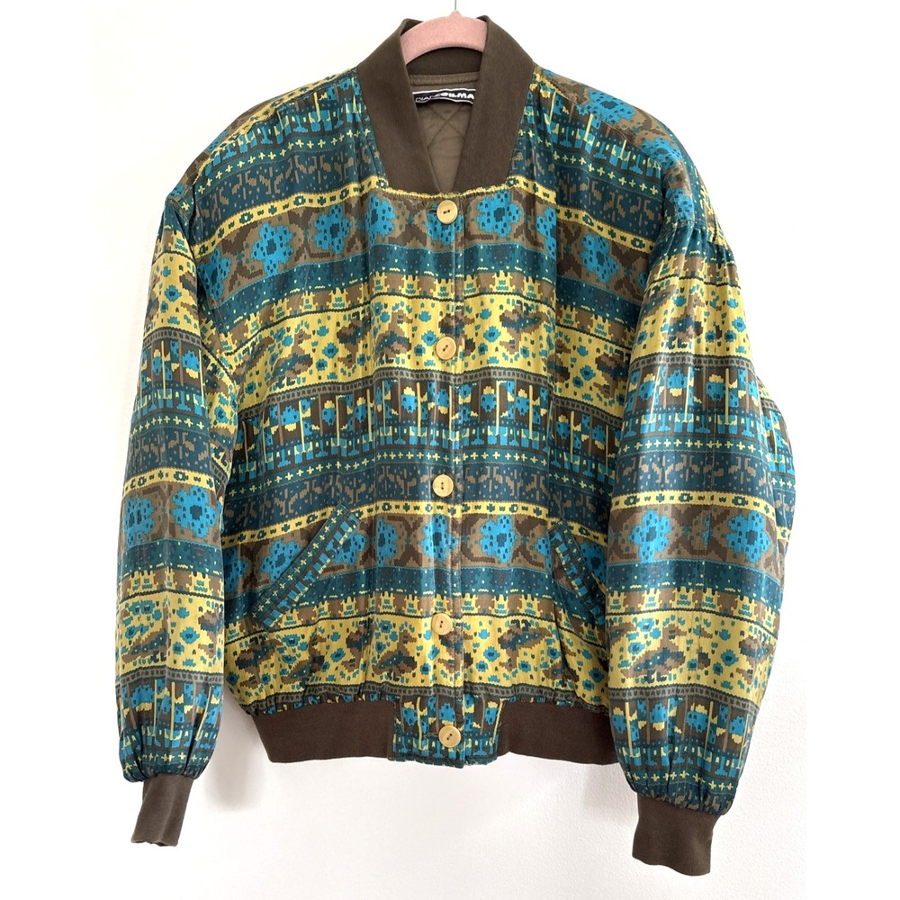 VTG Diane Gilman Silk‎ Bomber Jacket Womens Small Ikat Geometric Print Quilted